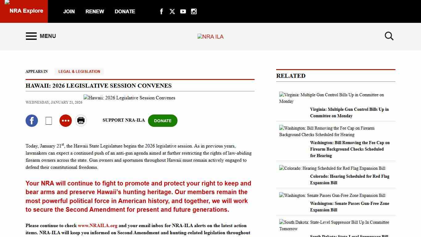 NRA-ILA Hawaii: 2026 Legislative Session Convenes