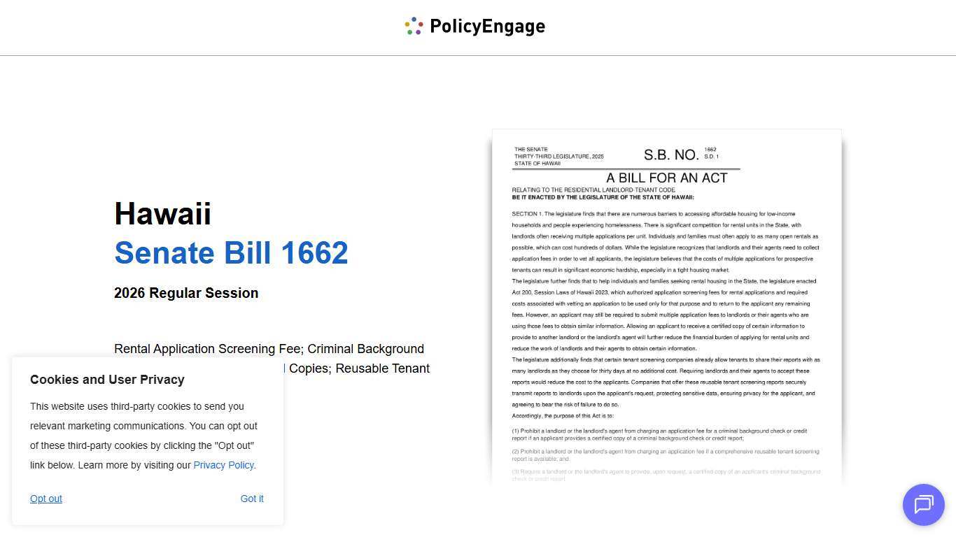 HI SB1662 Hawaii Senate Bill 1662 2026 Regular Session Rental Application Screening Fee; Criminal Background Check; Credit Report; Certified Copies; Reusab… PolicyEngage